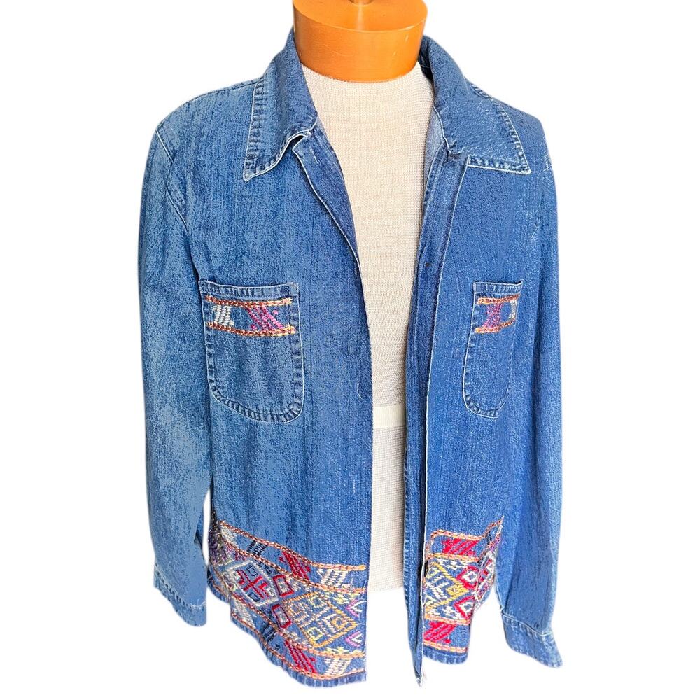 Vintage Agapo Womens Jacket Top Chambray Embroidered Southwestern Blue Red - Picture 1 of 8